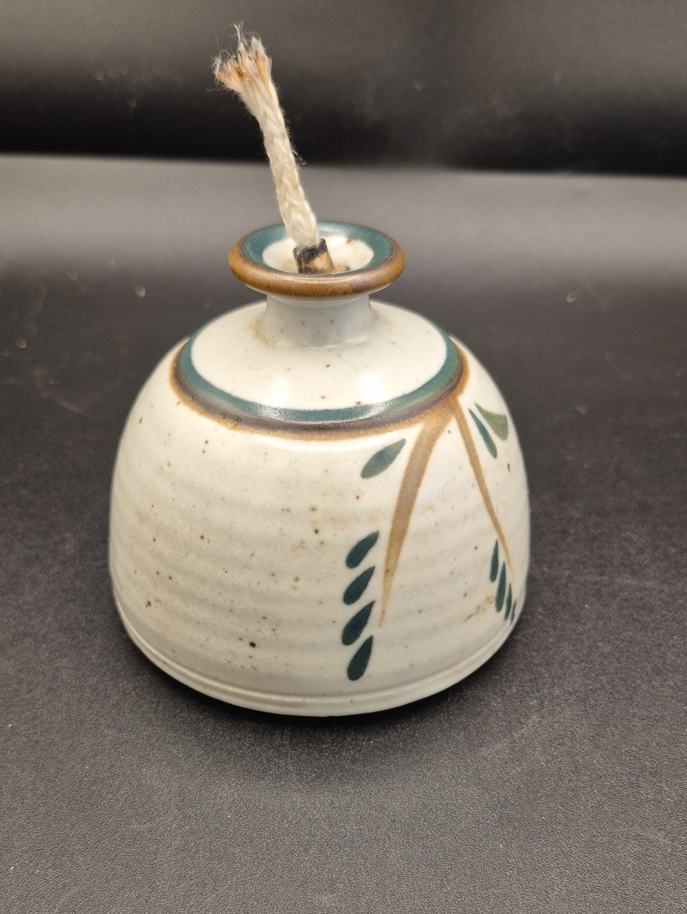 Handmade Pottery Lantern Oil Lamp - Cream with Green and Brown Accents